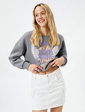 Crop Sweatshirt Baskılı Rahat Kesim Bisiklet Yaka
