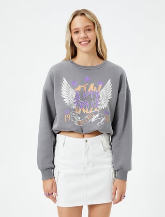 Crop Sweatshirt Baskılı Rahat Kesim Bisiklet Yaka