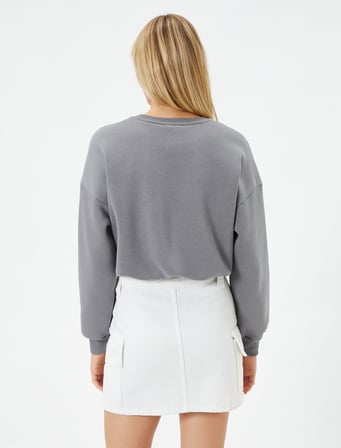 Crop Sweatshirt Baskılı Rahat Kesim Bisiklet Yaka