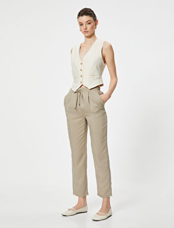 Chino Pantolon Bağcıklı Yüksek Bel Cep Detaylı