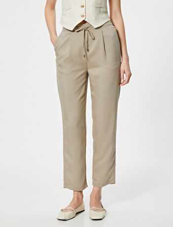 Chino Pantolon Bağcıklı Yüksek Bel Cep Detaylı