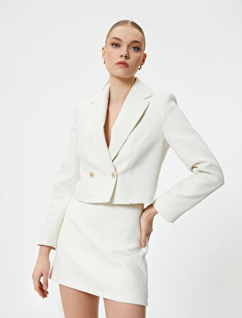 Crop Blazer Ceket Kruvaze Düğmeli Dokulu