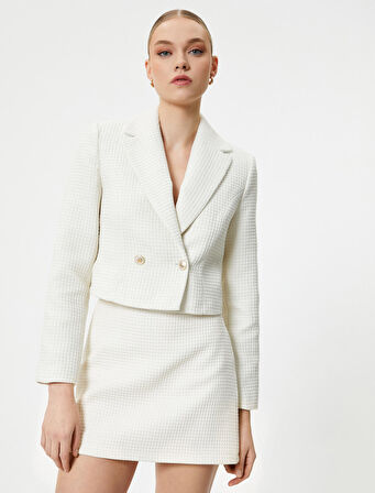 Crop Blazer Ceket Kruvaze Düğmeli Dokulu