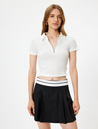 Polo Crop Tişört Yarım Fermuar Detaylı Kısa Kollu Dokulu