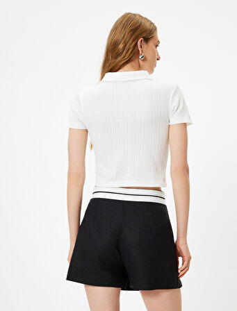 Polo Crop Tişört Yarım Fermuar Detaylı Kısa Kollu Dokulu
