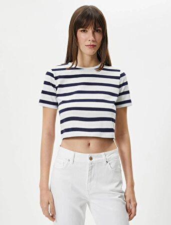 4SAK50013EK Koton Kadın T-shirt LACİVERT ÇİZGİLİ