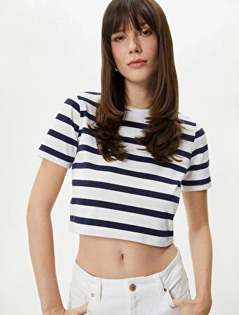 4SAK50013EK Koton Kadın T-shirt LACİVERT ÇİZGİLİ