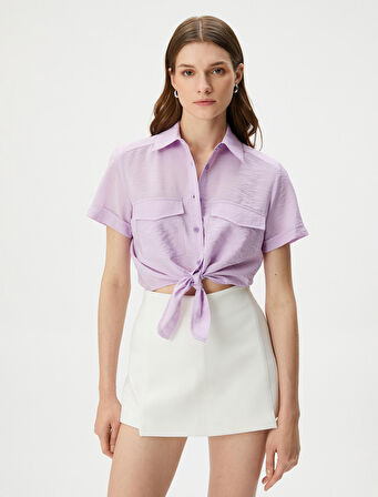 Önden Bağlamalı Gömlek Crop Düğmeli Cepli Viskon