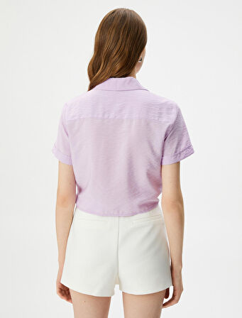 Önden Bağlamalı Gömlek Crop Düğmeli Cepli Viskon