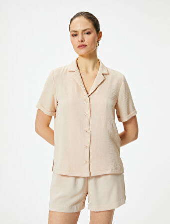 Kısa Kollu Gömlek Düğmeli Dokulu Standart Kesim