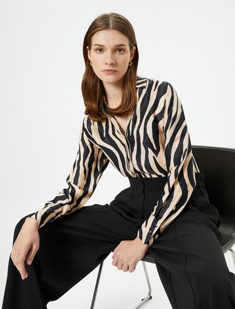 Zebra Desenli Gömlek Saten Düğmeli Klasik Yaka Regular Fit