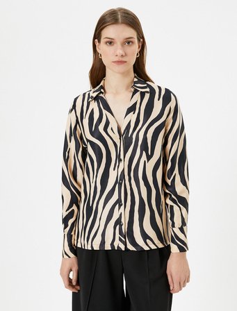 Zebra Desenli Gömlek Saten Düğmeli Klasik Yaka Regular Fit