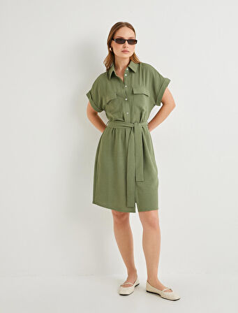 Gömlek Elbise Beli Kuşaklı Düğmeli Cepli