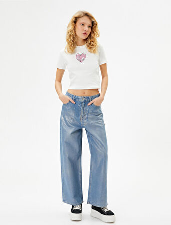 Kalpli Crop Tişört Slim Fit Kısa Kollu Bisiklet Yaka Pamuklu