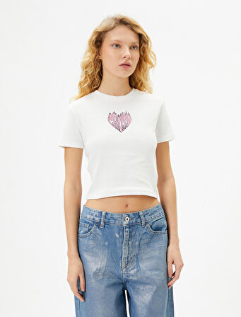 Kalpli Crop Tişört Slim Fit Kısa Kollu Bisiklet Yaka Pamuklu