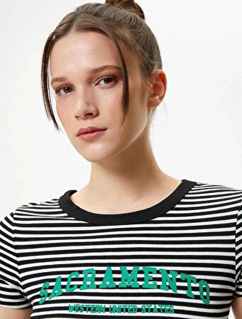 4SAL10017IK Koton Kadın T-shirt Siyah Çizgili