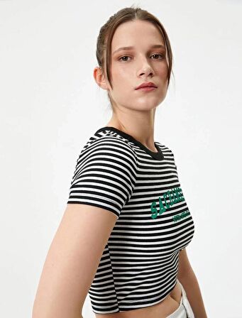 4SAL10017IK Koton Kadın T-shirt Siyah Çizgili