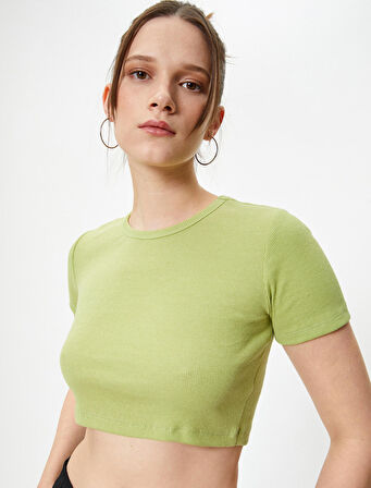 Basic Crop Tişört Ribanalı Kısa Kollu Bisiklet Yaka Slim Fit