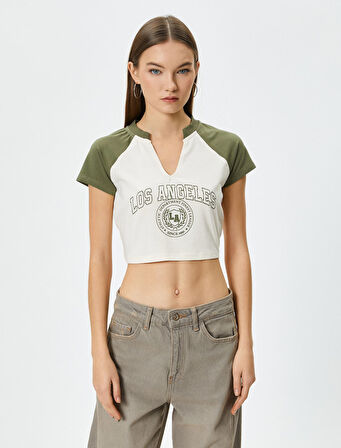 Kolej Crop Tişört V Yaka Kısa Kollu Pamuklu