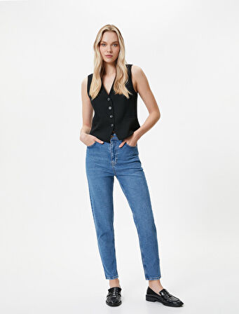 Yüksek Bel Slim Fit Kot Pantolon Rahat Kesim Dar Crop Paça Esnek Pamuklu - Mom Jean