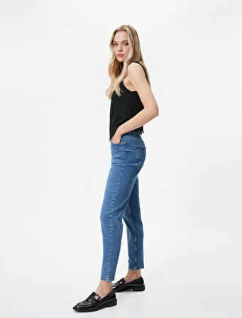 Yüksek Bel Slim Fit Kot Pantolon Rahat Kesim Dar Crop Paça Esnek Pamuklu - Mom Jean