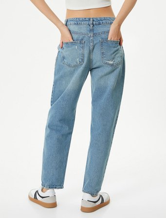 Mom Kot Pantolon Standart Bel Zincir Detaylı Cepli Pamuklu - Mom Jean