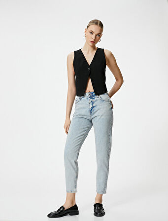 Mom Fit Kot Pantolon Rahat Kesim Hafif Dar Paça - Mom Jean