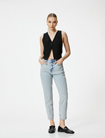 Mom Fit Kot Pantolon Rahat Kesim Hafif Dar Paça - Mom Jean