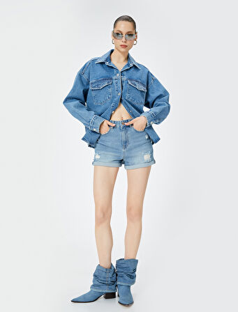 Mini Kot Şort Yüksek Bel Skinny Fit Yıpratılmış Cepli