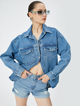 Mini Kot Şort Yüksek Bel Skinny Fit Yıpratılmış Cepli