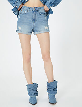 Mini Kot Şort Yüksek Bel Skinny Fit Yıpratılmış Cepli