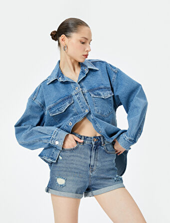 Mini Kot Şort Yüksek Bel Skinny Fit Yıpratılmış Cepli