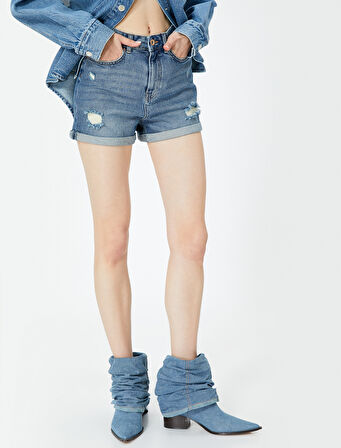 Mini Kot Şort Yüksek Bel Skinny Fit Yıpratılmış Cepli