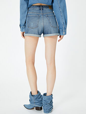 Mini Kot Şort Yüksek Bel Skinny Fit Yıpratılmış Cepli