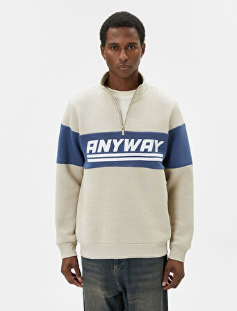 Yarım Fermuarlı Sweatshirt Dik Yaka Slogan Baskılı Renk Bloklu