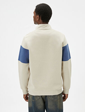 Yarım Fermuarlı Sweatshirt Dik Yaka Slogan Baskılı Renk Bloklu