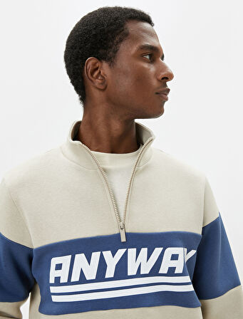 Yarım Fermuarlı Sweatshirt Dik Yaka Slogan Baskılı Renk Bloklu