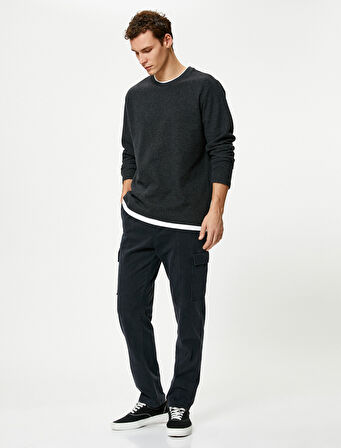 Basic Kazak Kumaş Detaylı Slim Fit Bisiklet Yaka