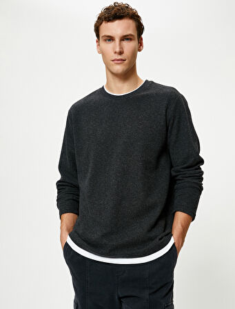 Basic Kazak Kumaş Detaylı Slim Fit Bisiklet Yaka