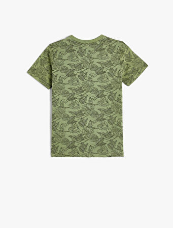 Tişört Kısa Kollu Bisiklet Yaka Yaprak Baskılı Pamuklu