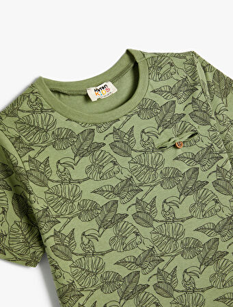Tişört Kısa Kollu Bisiklet Yaka Yaprak Baskılı Pamuklu