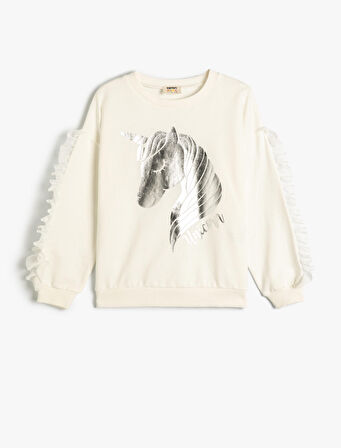 Sweatshirt Uzun Kollu Parlak Unicorn Baskılı Püskül Detaylı Pamuklu