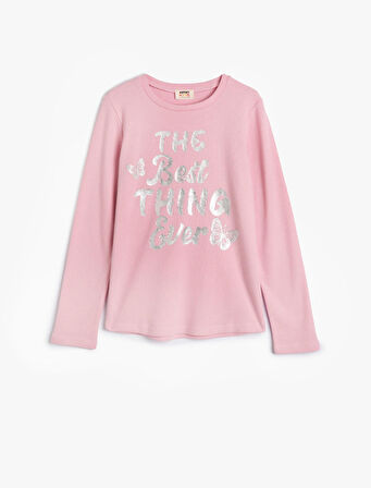 Tişört Slogan Baskılı Uzun Kollu Bisiklet Yaka Dokulu Pamuklu