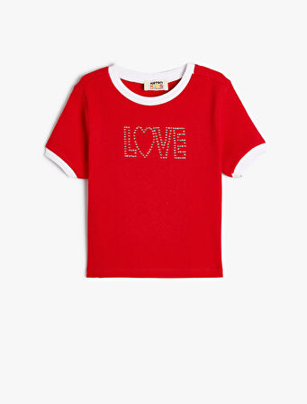 Crop Tişört Kısa Kollu Bisiklet Yaka Pullu Slogan Baskılı Pamuklu