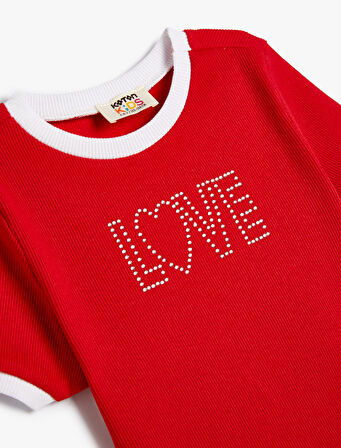 Crop Tişört Kısa Kollu Bisiklet Yaka Pullu Slogan Baskılı Pamuklu