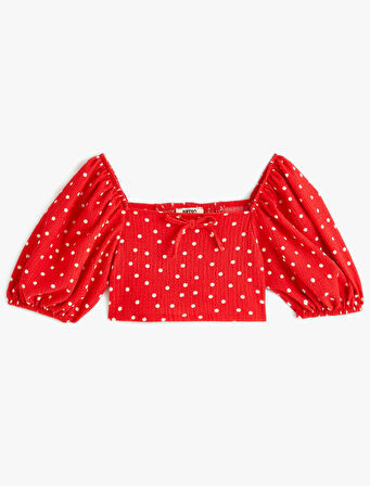 Crop Bluz Kısa Balon Kollu Fiyonk Detaylı Puantiyeli