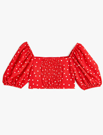 Crop Bluz Kısa Balon Kollu Fiyonk Detaylı Puantiyeli