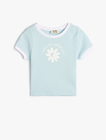 Crop Tişört Çiçek Baskılı Kısa Kollu Bisiklet Yaka Pamuklu