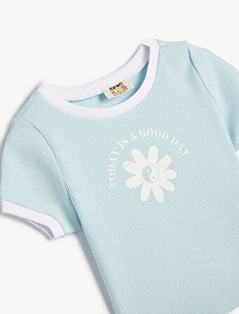 Crop Tişört Çiçek Baskılı Kısa Kollu Bisiklet Yaka Pamuklu