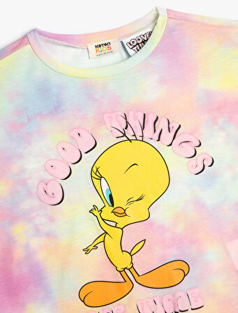 Tişört Tweety Baskılı Lisanslı Kısa Kollu Batik Desenli 